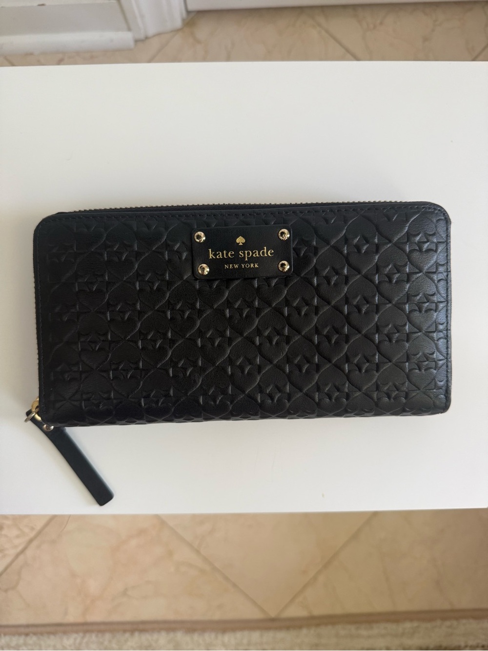 kate spade Black Embossed Quilted Zip Wallet with Gold Plaque
